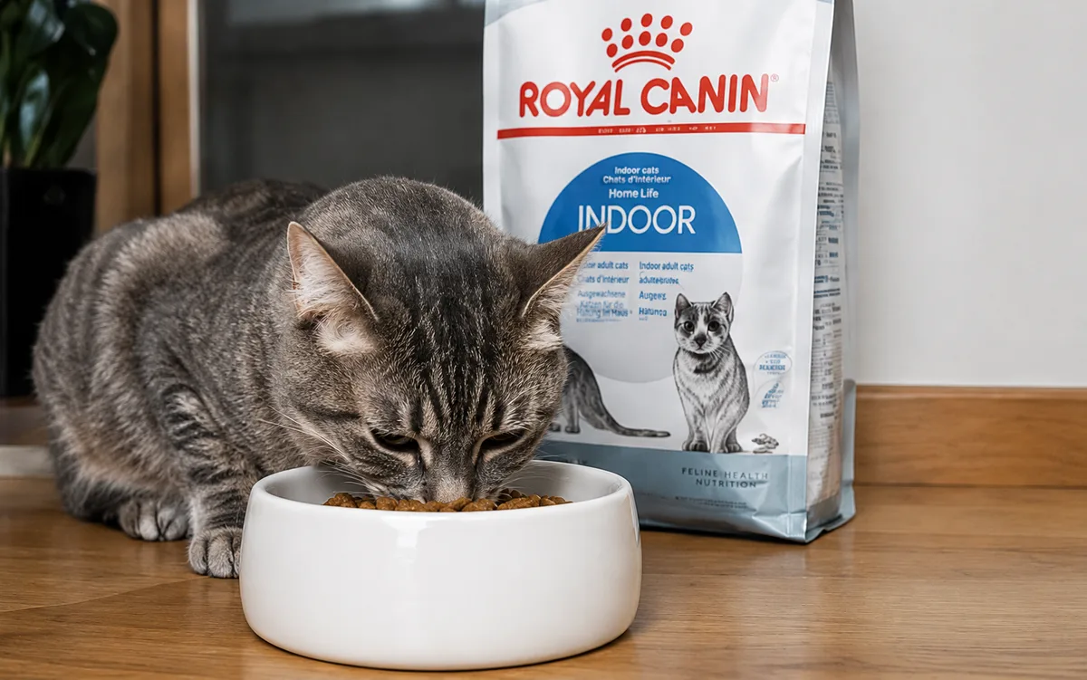 Cat eating dry food beside cat food bag