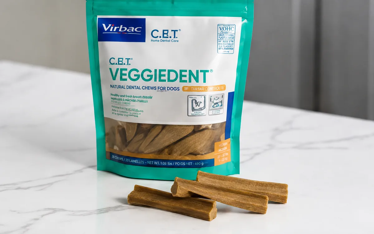 Dog dental chews beside dental care packaging