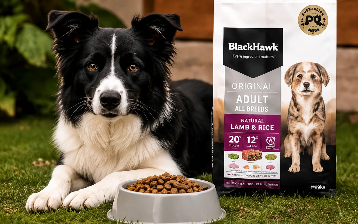 Border collie beside dog food bag and bowl