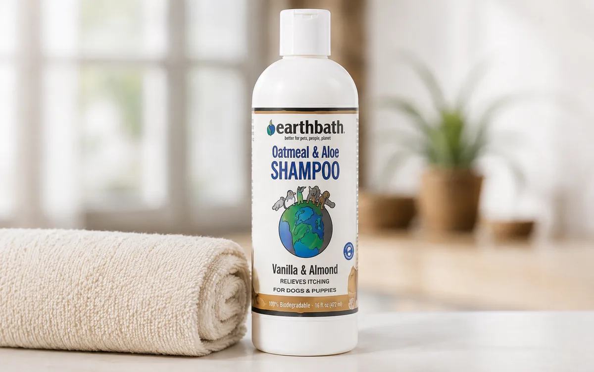 Dog shampoo bottle and grooming towel