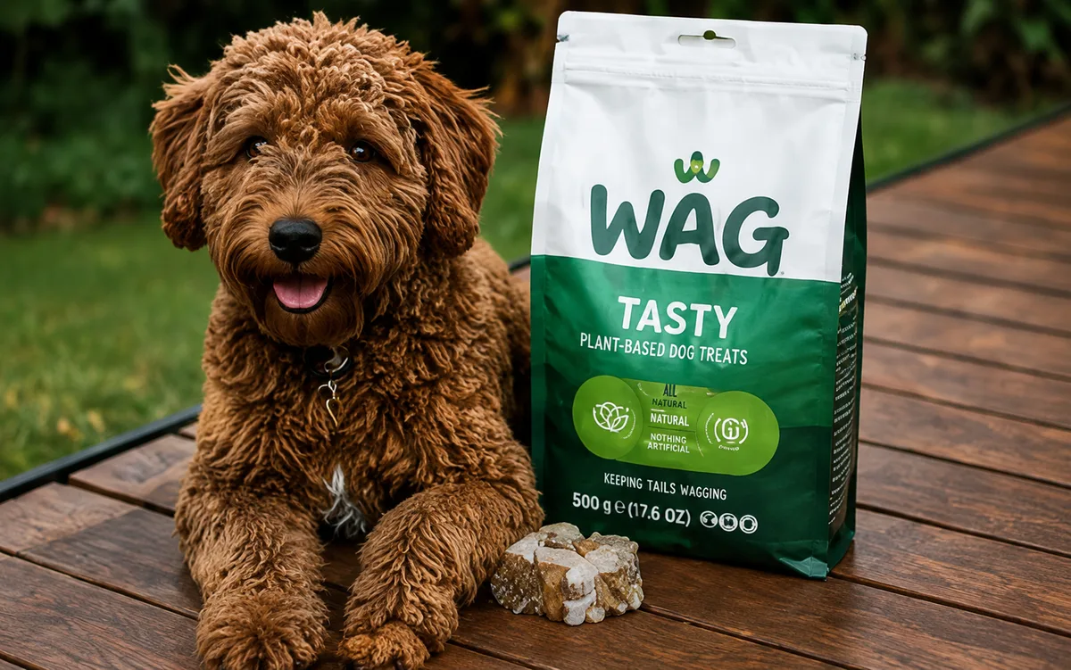 Dog beside natural dog treat bag
