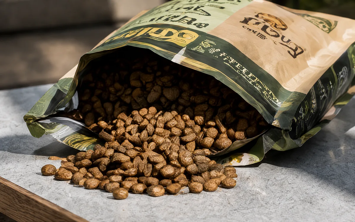 Open grain-free dog food bag with kibble