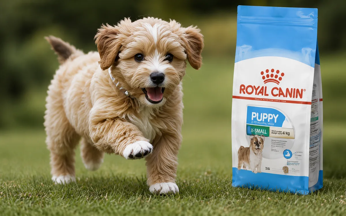Puppy beside puppy food bag on grass