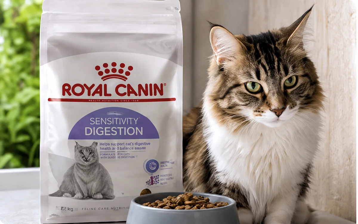 Sensitive digestion cat food beside cat