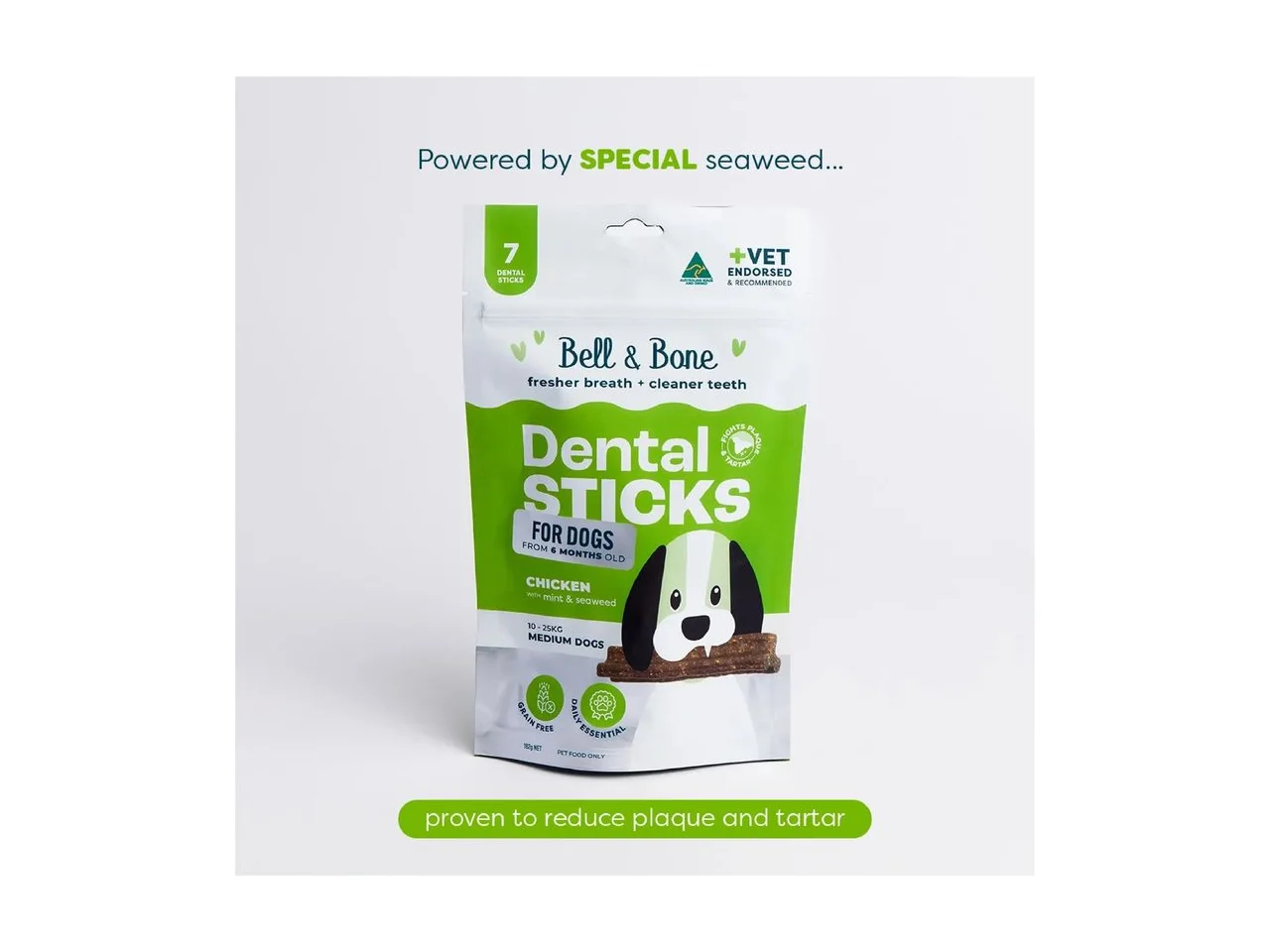 Bell & Bone Adult Dog Dental Sticks - Chicken, Mint & Seaweed (Medium, 10-25kg) 7-pack pack