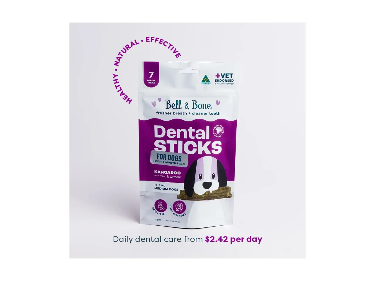 Bell & Bone Adult Dog Dental Sticks - Kangaroo, Mint & Turmeric (Small, under 10kg) 7-pack pack