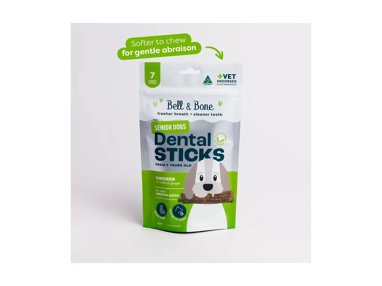 Bell & Bone Senior Dog Dental Sticks - Chicken, Mint & Ginger (Medium, 10-25kg) 7-pack pack