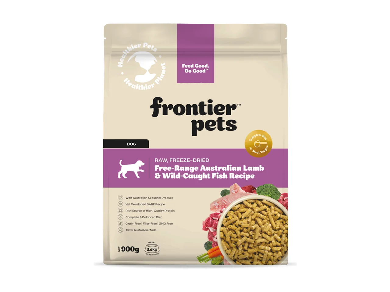 Frontier Pets Free-Range Lamb & Wild-Caught Fish Raw Freeze-Dried Dog Food 900g pack