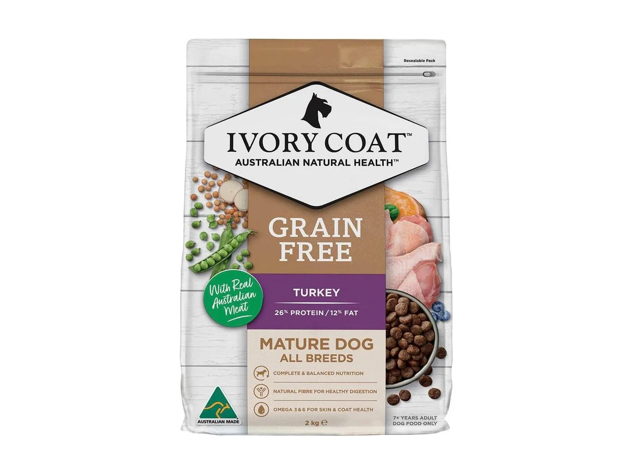 Ivory Coat Grain Free Mature Turkey Dry Dog Food 2kg pack