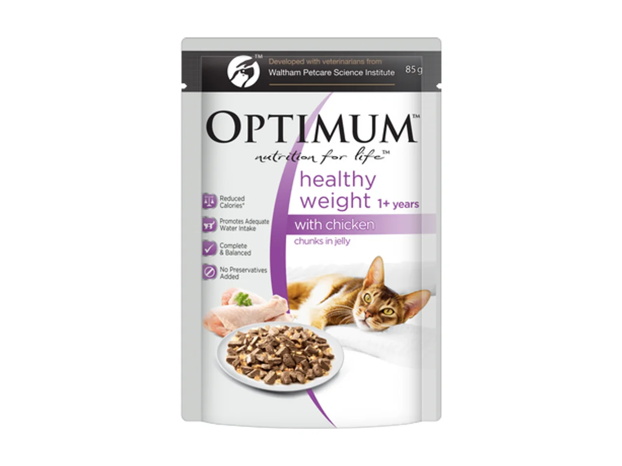 Optimum Grain Free Healthy Weight Chicken Chunks in Jelly Wet Cat Food 15x85g pack