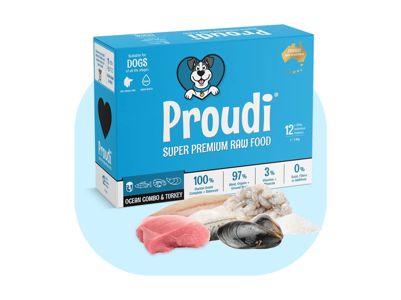 Proudi Ocean Combo and Turkey Raw Patties for Dogs 2.4kg (12 x 200g) pack