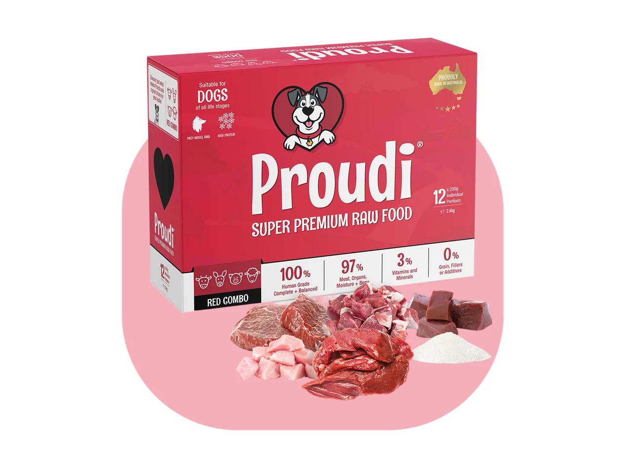 Proudi Red Combo Raw Patties for Dogs 2.4kg (12 x 200g) pack