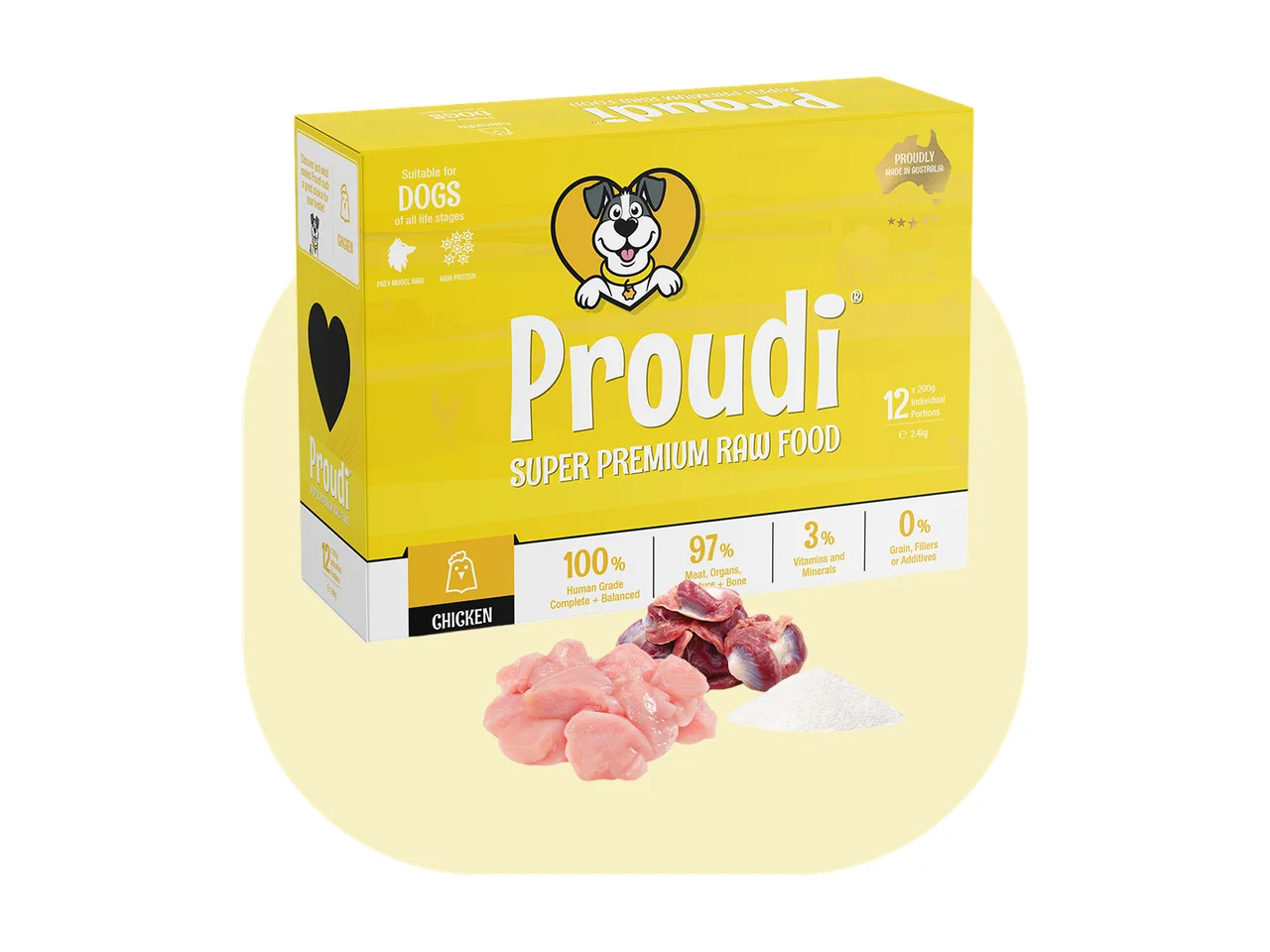 Proudi Single Protein Chicken Raw Patties for Dogs 2.4kg (12 x 200g) pack
