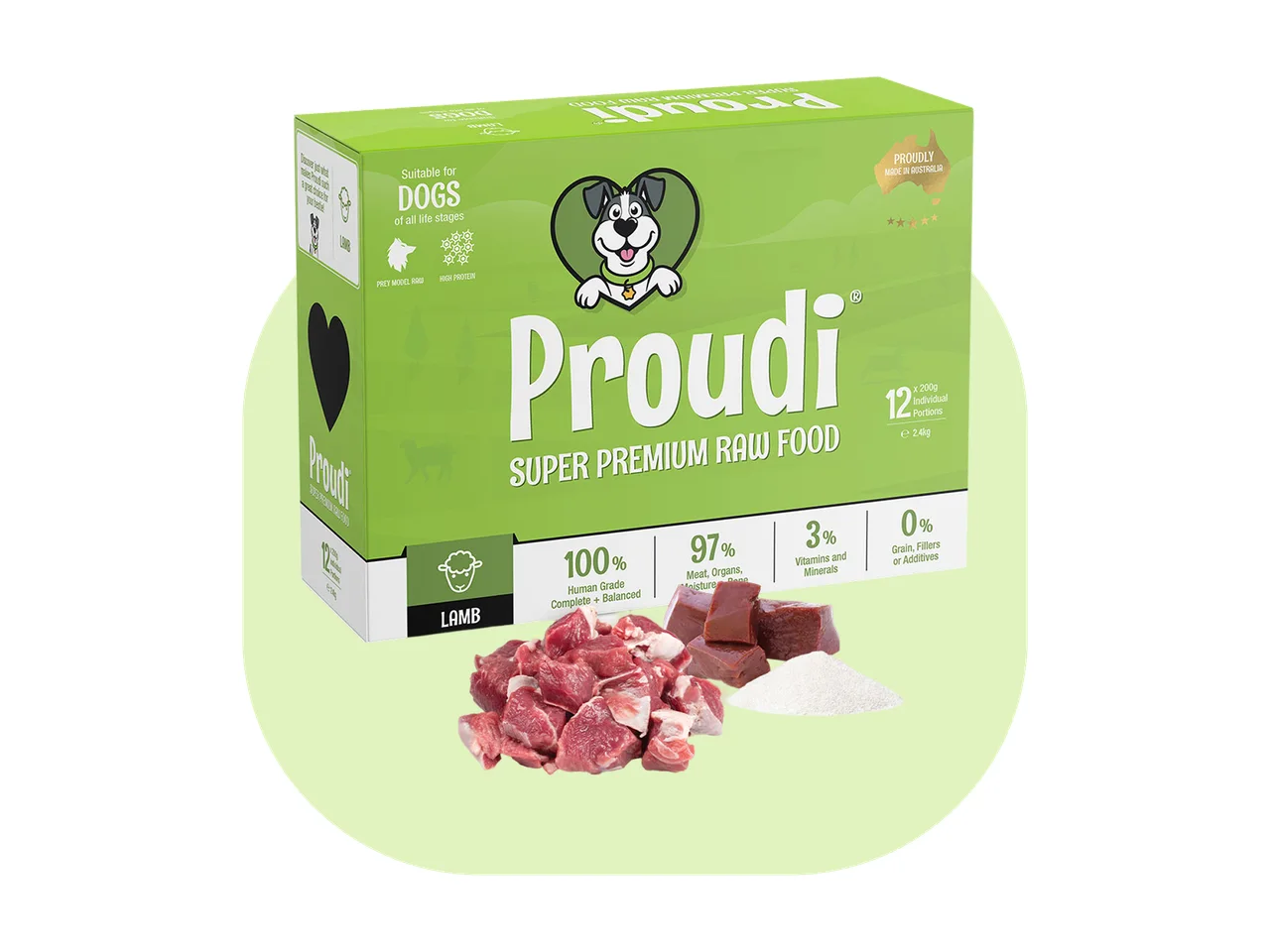 Proudi Single Protein Lamb Raw Patties for Dogs 2.4kg (12 x 200g) pack