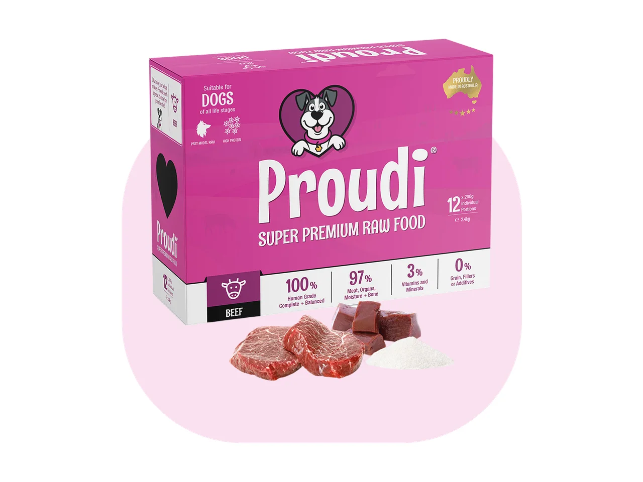 Proudi Single Protein Raw Beef Patties for Dogs 2.4kg (12 x 200g) pack