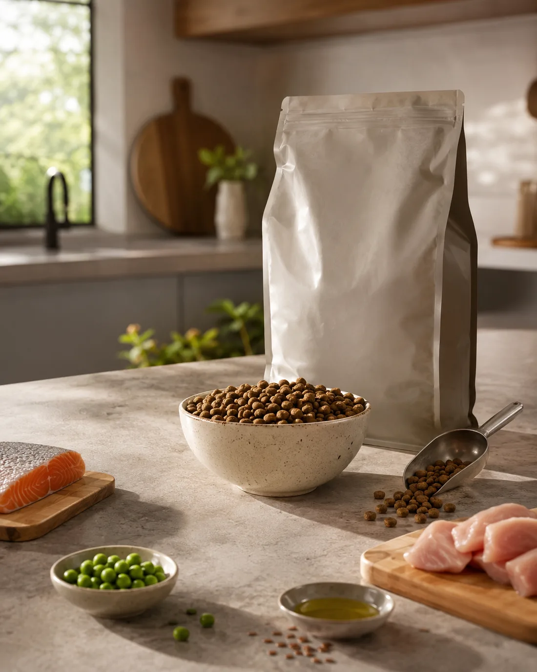 Fresh dog food ingredients — meat, vegetables and wholegrains