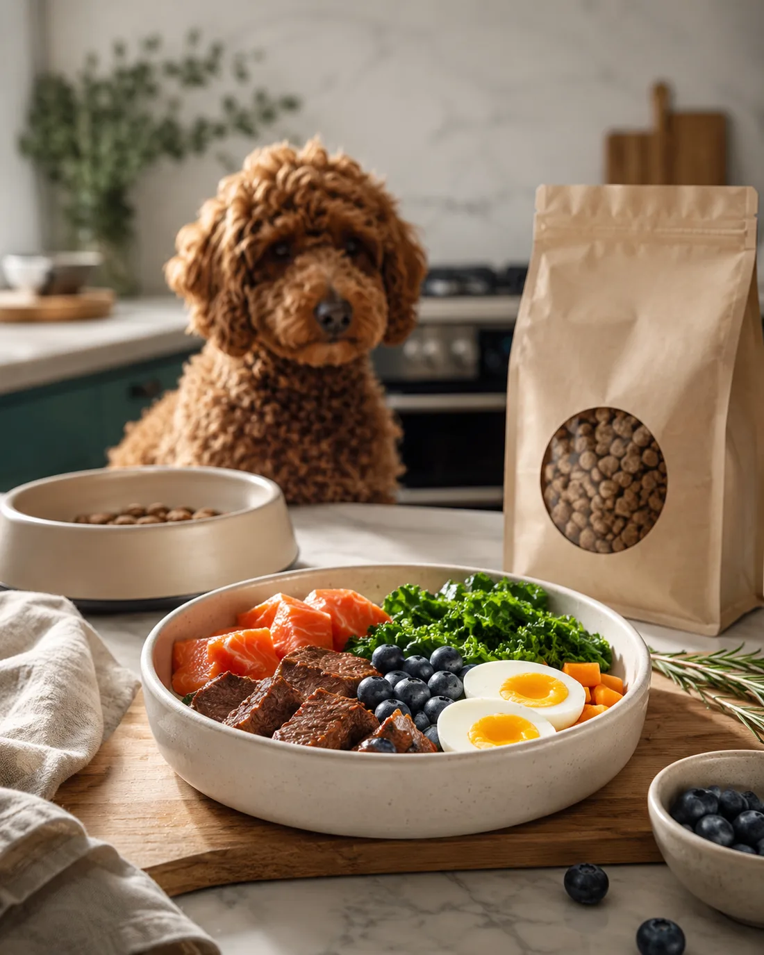 Fresh dog food ingredients — meat, vegetables and wholegrains in a bowl